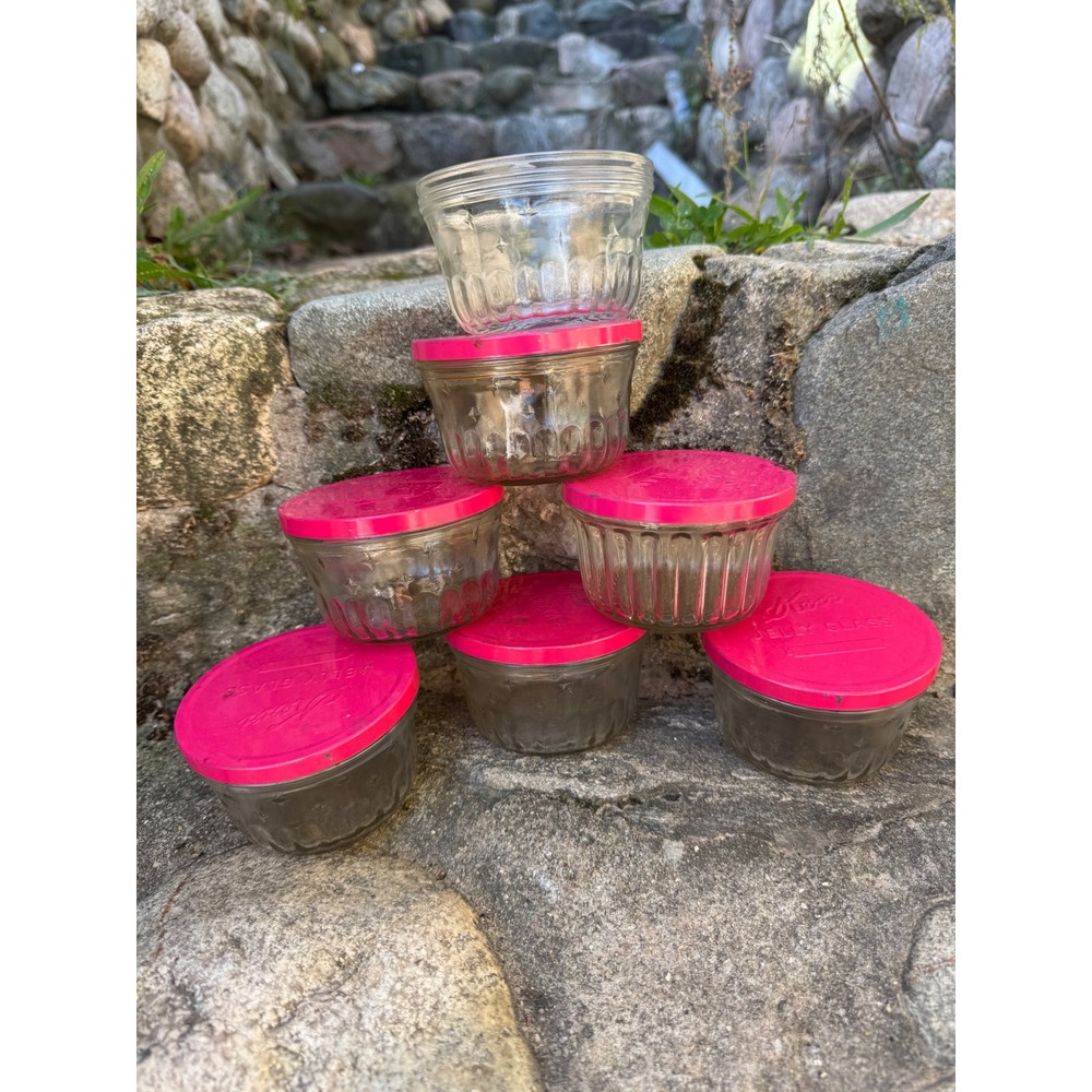 Vintage Kerr Jelly Glass Jars Set of 7 Red Metal Lids Fluted Ribbed Clear Glass